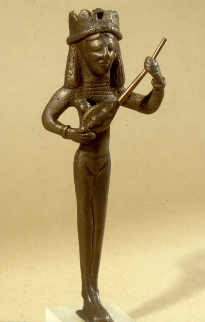 Estatueta de um tocador de alaúde feminino escavado em Beit Shean, sétimo a sexto século aC (bronze) de Phoenician